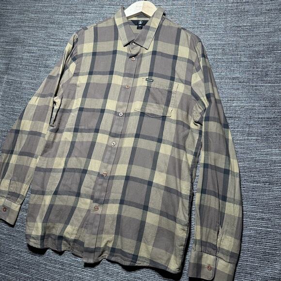 Volcom Shirt Men's Large Brown Plaid Long Sleeve Button Up - Picture 6 of 14